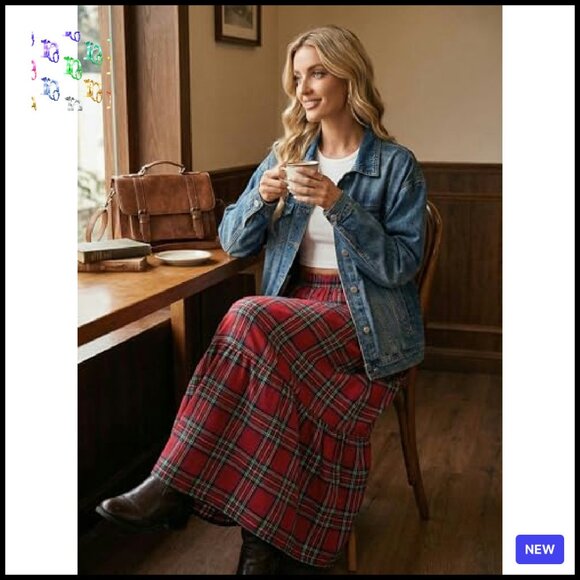 Plaid Ruffled Maxi Skirt High-Rise Waist Elegant A-Line Holiday Party Wear - Picture 5 of 8